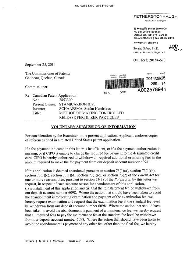 Canadian Patent Document 2853300. Prosecution-Amendment 20140925. Image 1 of 2