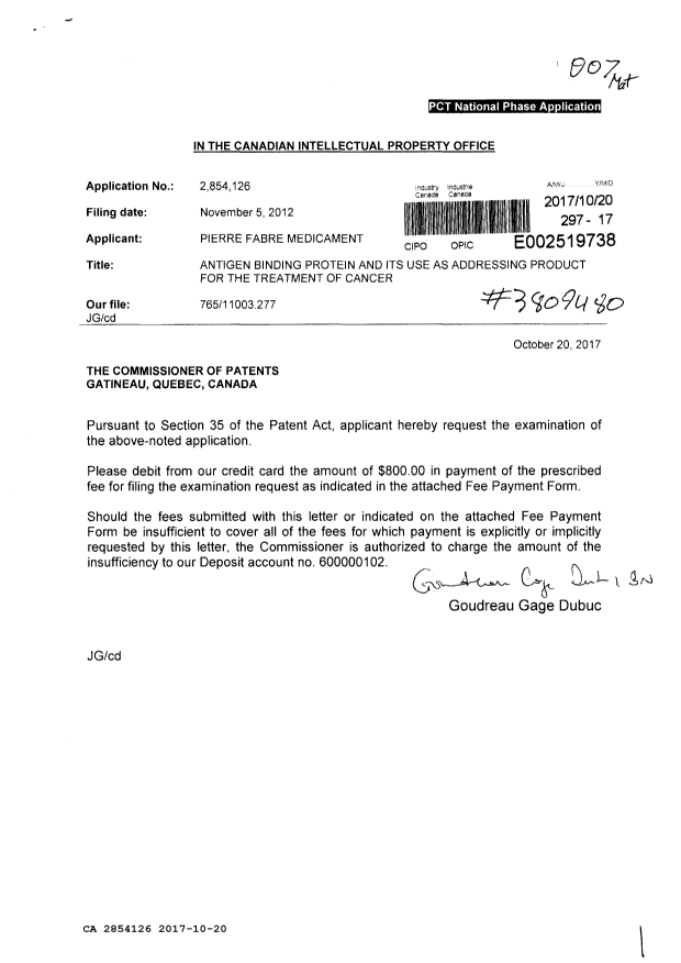Document de brevet canadien 2854126. Requête d'examen 20171020. Image 1 de 1