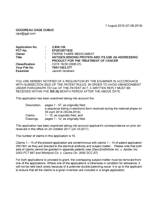 Canadian Patent Document 2854126. Examiner Requisition 20180807. Image 1 of 6