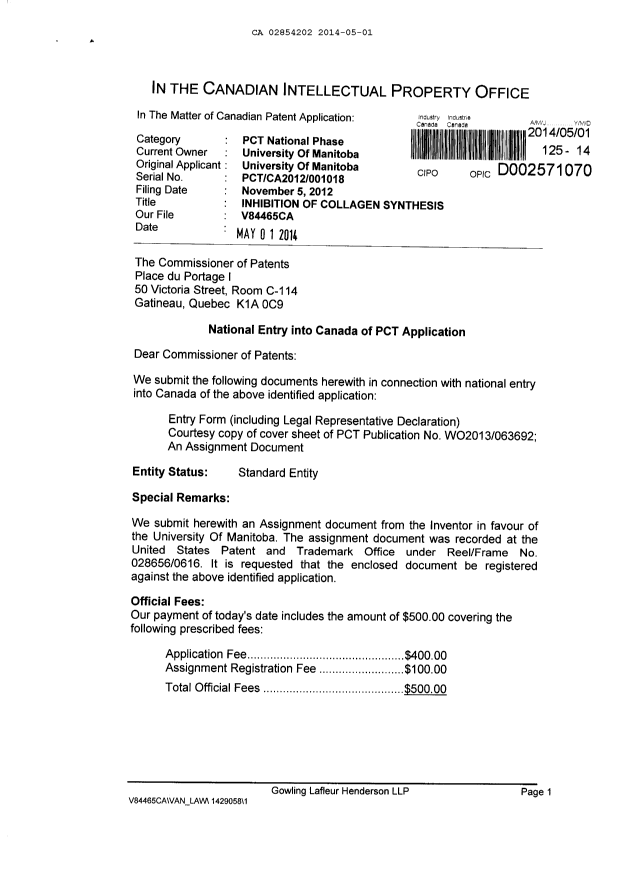 Document de brevet canadien 2854202. Cession 20140501. Image 1 de 8