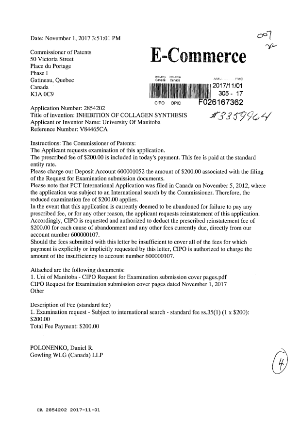 Document de brevet canadien 2854202. Requête d'examen 20171101. Image 1 de 4