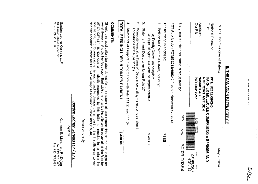 Canadian Patent Document 2854934. Assignment 20140507. Image 1 of 4