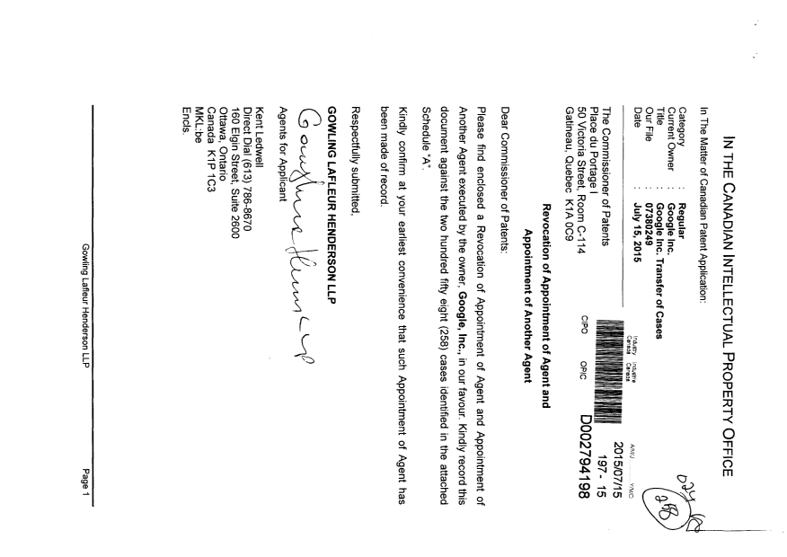 Document de brevet canadien 2856674. Correspondance 20150715. Image 1 de 22