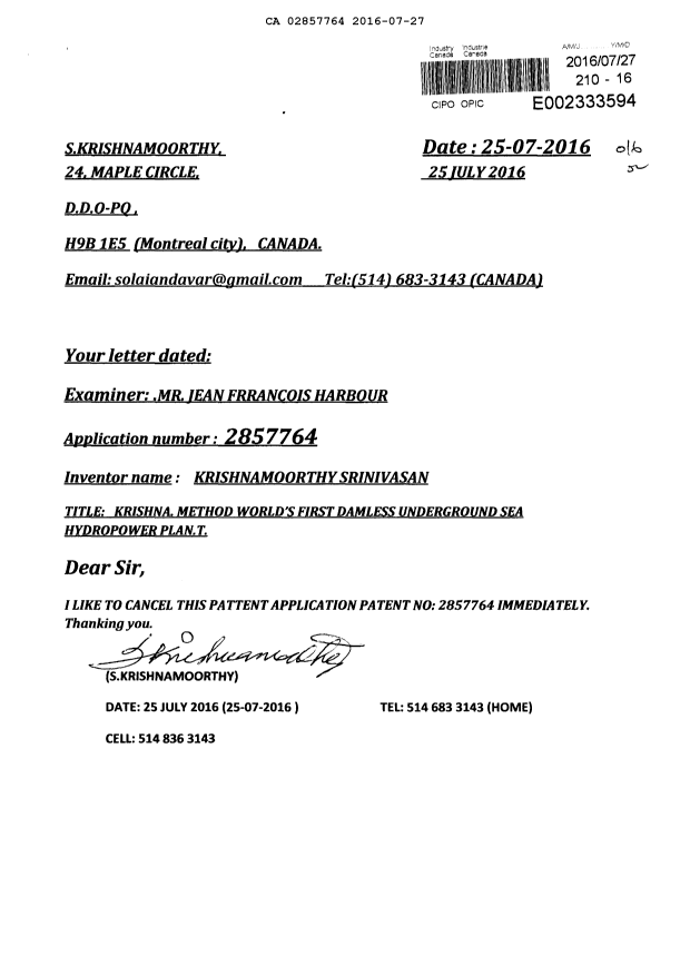 Document de brevet canadien 2857764. Correspondance 20151227. Image 1 de 2
