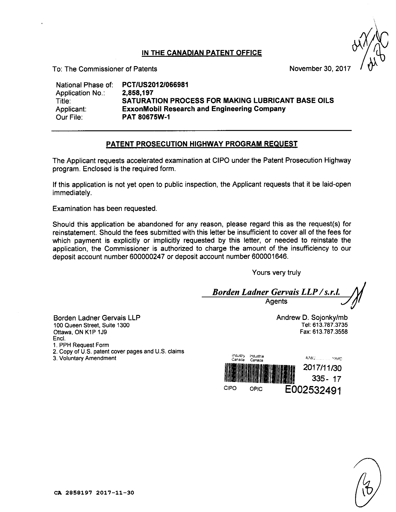 Canadian Patent Document 2858197. Amendment 20171130. Image 1 of 11