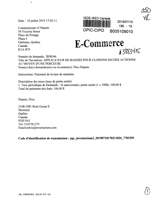 Document de brevet canadien 2858344. Taxes 20181210. Image 1 de 1