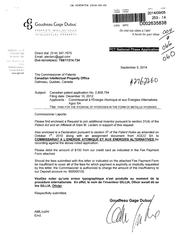 Document de brevet canadien 2858754. Correspondance 20140905. Image 1 de 7
