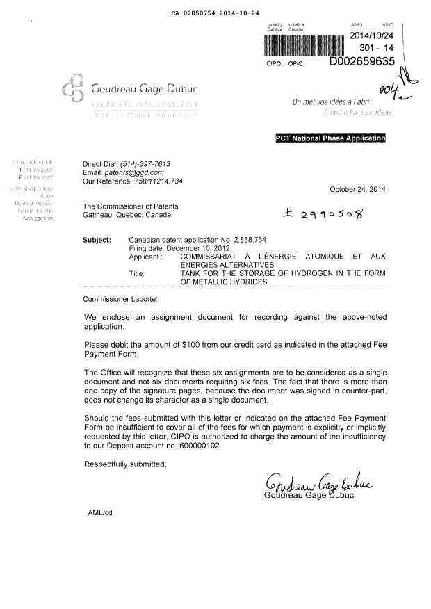 Document de brevet canadien 2858754. Cession 20141024. Image 1 de 7