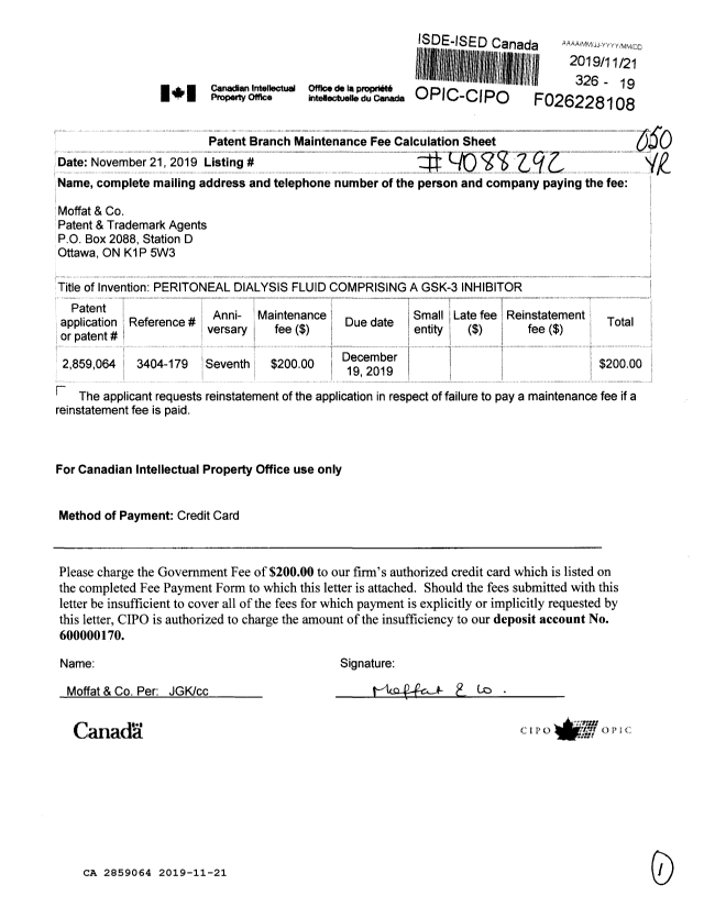 Canadian Patent Document 2859064. Maintenance Fee Payment 20191121. Image 1 of 1