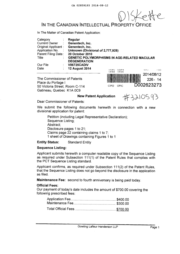 Document de brevet canadien 2859193. Cession 20140812. Image 1 de 3