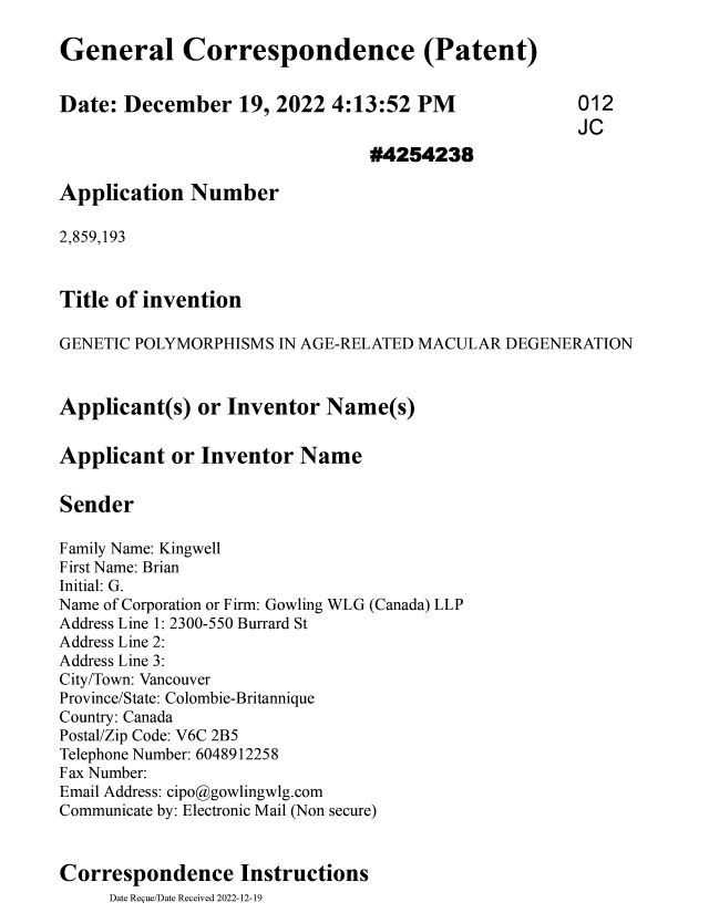 Canadian Patent Document 2859193. Final Fee 20221219. Image 1 of 5