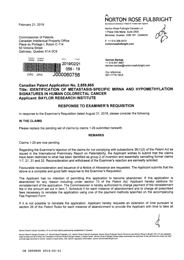 Document de brevet canadien 2859865. Modification 20190221. Image 1 de 8