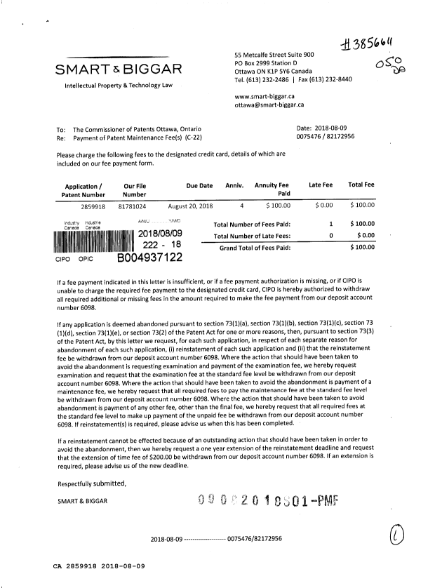 Canadian Patent Document 2859918. Maintenance Fee Payment 20180809. Image 1 of 1