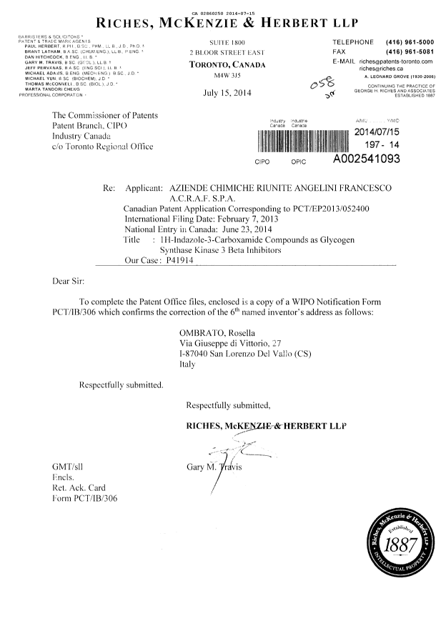 Document de brevet canadien 2860250. Correspondance 20140715. Image 1 de 2