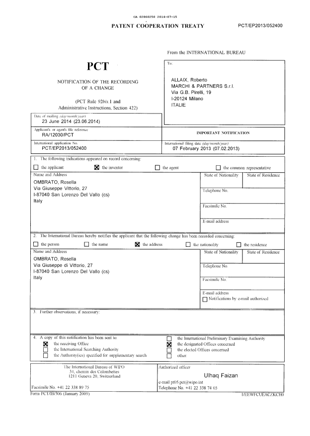 Document de brevet canadien 2860250. PCT 20140715. Image 1 de 1