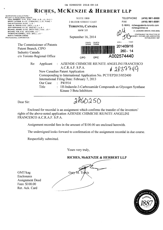 Document de brevet canadien 2860250. Cession 20140916. Image 1 de 2
