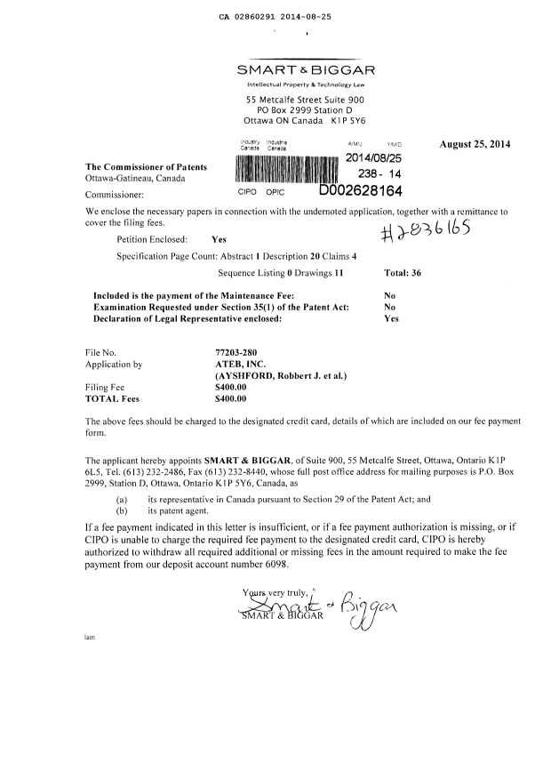 Canadian Patent Document 2860291. Assignment 20140825. Image 1 of 4