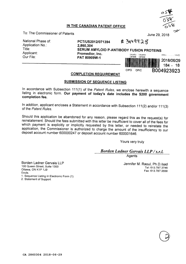 Document de brevet canadien 2860304. Listage de séquences - Nouvelle demande 20180629. Image 1 de 2