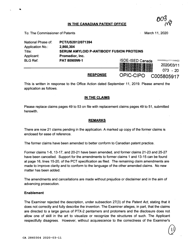 Canadian Patent Document 2860304. Amendment 20200311. Image 1 of 11