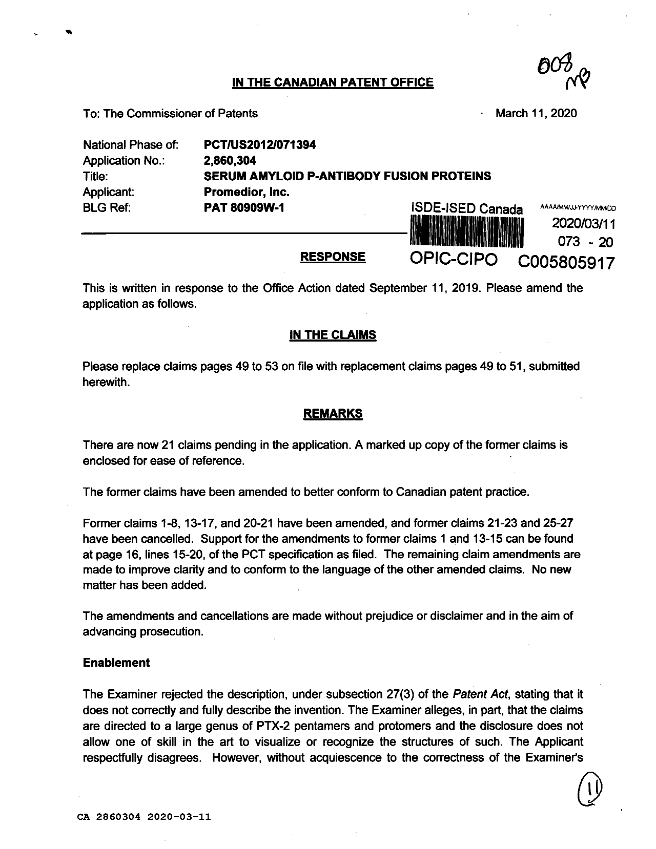 Canadian Patent Document 2860304. Amendment 20200311. Image 1 of 11