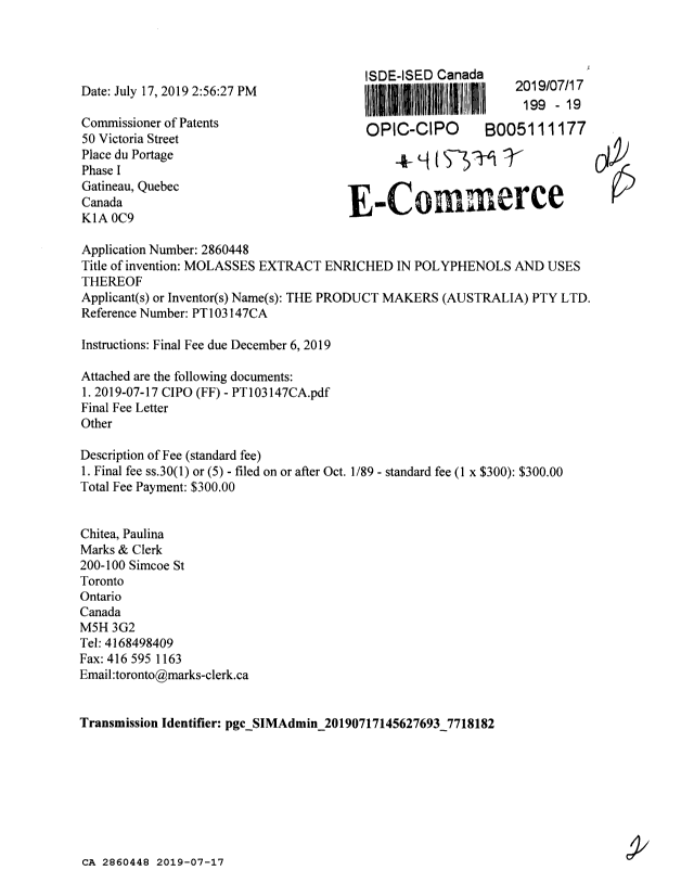Document de brevet canadien 2860448. Taxe finale 20190717. Image 1 de 2