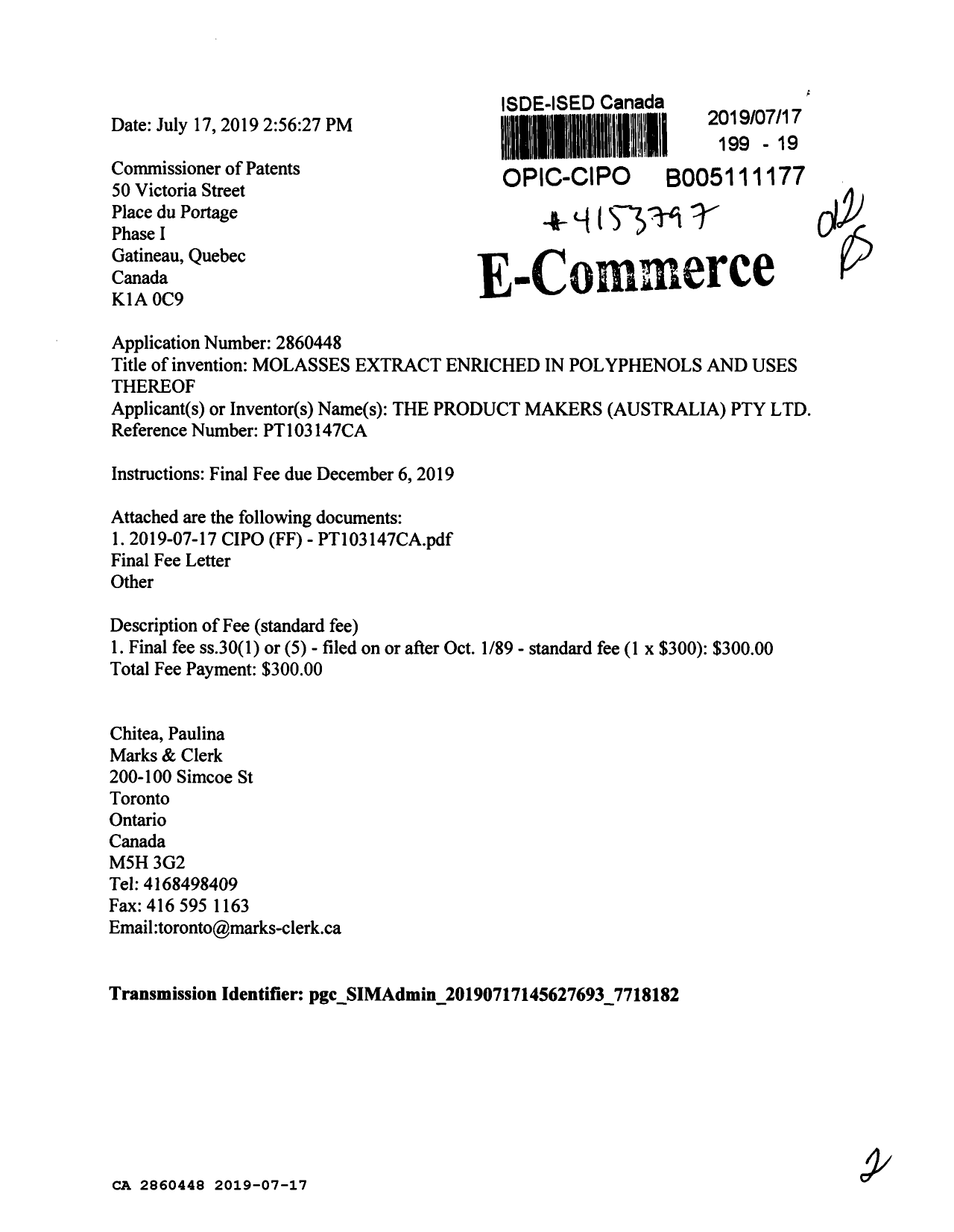 Canadian Patent Document 2860448. Final Fee 20190717. Image 1 of 2