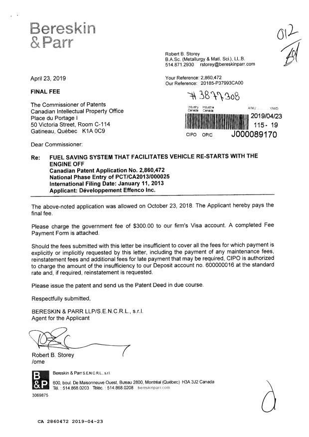 Canadian Patent Document 2860472. Final Fee 20190423. Image 1 of 1