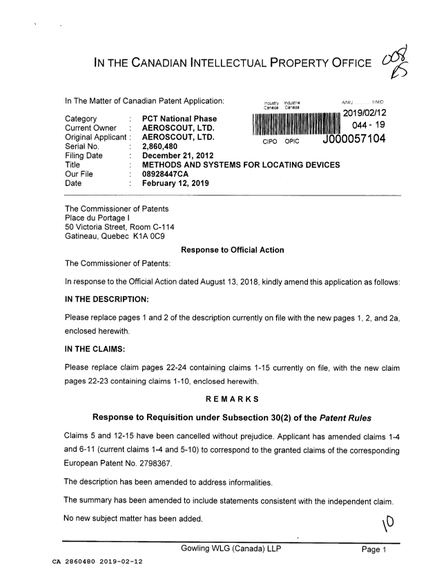 Document de brevet canadien 2860480. Modification 20190212. Image 1 de 10