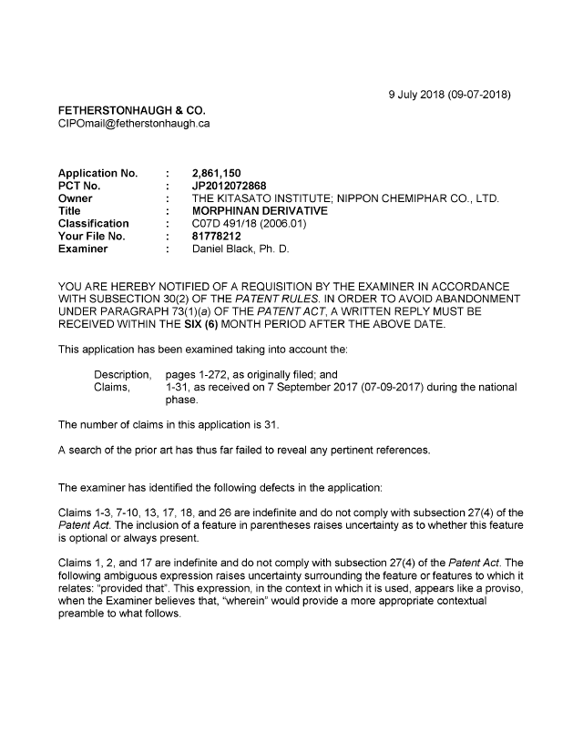 Document de brevet canadien 2861150. Demande d'examen 20180709. Image 1 de 3