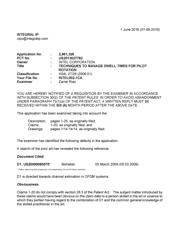 Canadian Patent Document 2861328. Examiner Requisition 20160601. Image 1 of 6