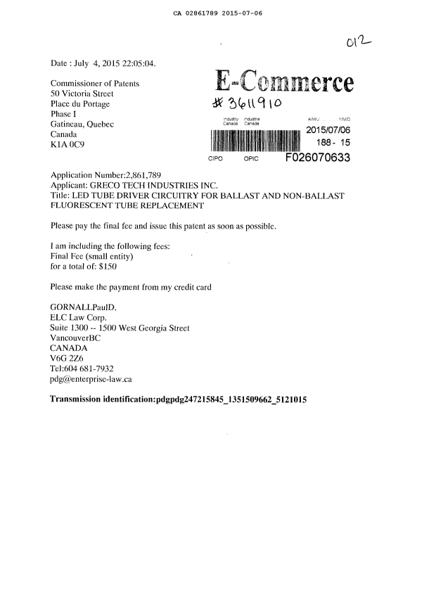 Document de brevet canadien 2861789. Taxe finale 20150706. Image 1 de 1