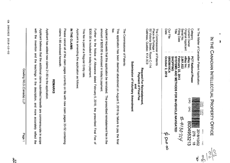Canadian Patent Document 2861822. Reinstatement 20181002. Image 1 of 22