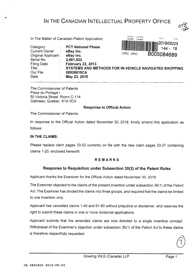 Canadian Patent Document 2861822. Amendment 20190523. Image 1 of 7