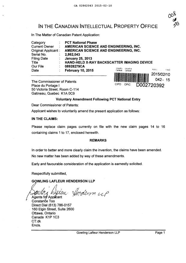 Document de brevet canadien 2862043. Poursuite-Amendment 20150210. Image 1 de 4