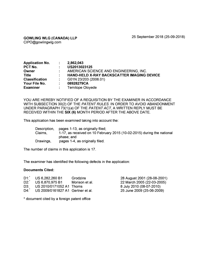 Document de brevet canadien 2862043. Demande d'examen 20180925. Image 1 de 6