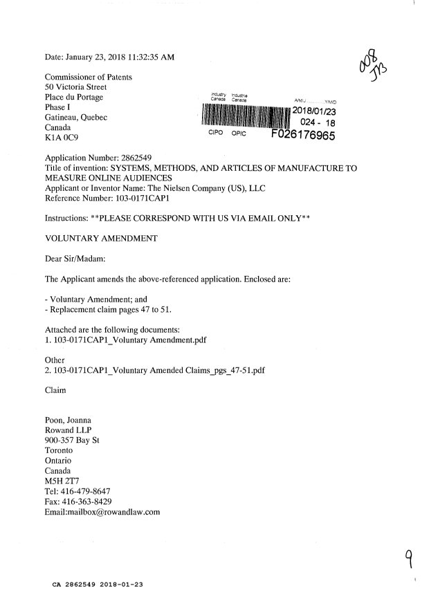 Document de brevet canadien 2862549. Modification 20180123. Image 1 de 9