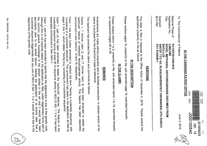 Canadian Patent Document 2862558. Amendment 20190603. Image 1 of 13