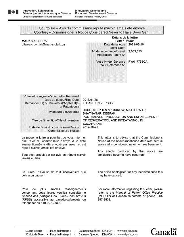 Document de brevet canadien 2863055. Lettre du bureau 20210310. Image 1 de 2
