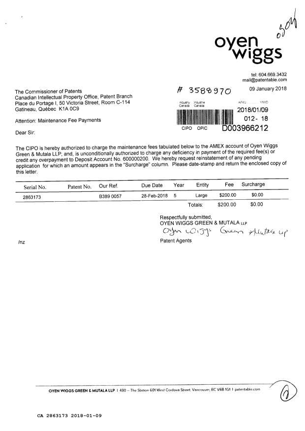 Canadian Patent Document 2863173. Maintenance Fee Payment 20180109. Image 1 of 2