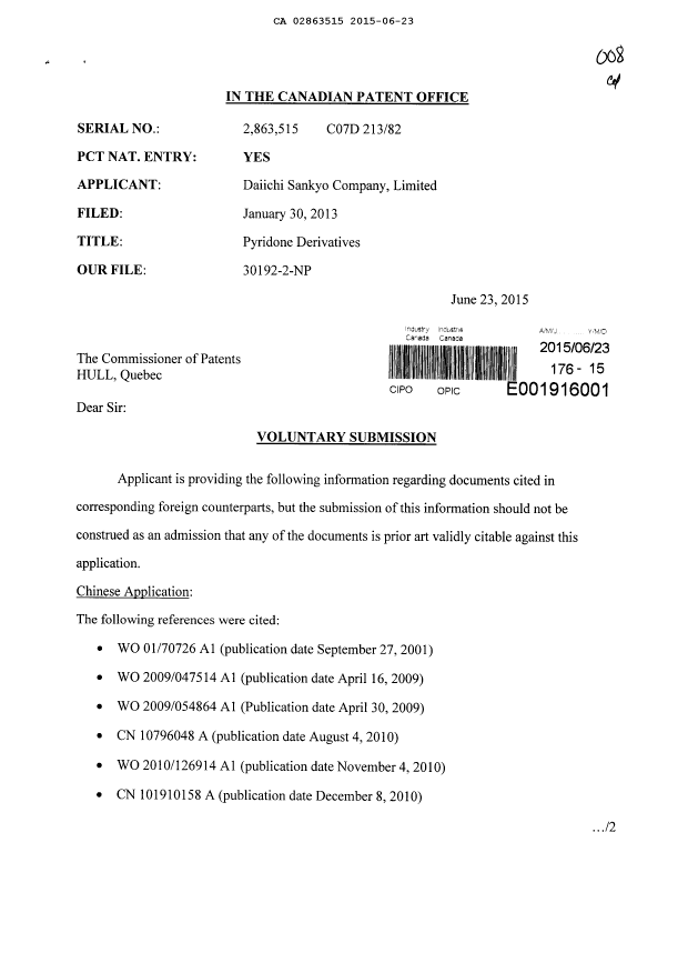 Document de brevet canadien 2863515. Modification 20150623. Image 1 de 2