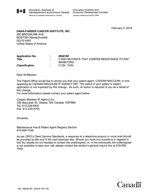 Canadian Patent Document 2864169. Office Letter 20180205. Image 1 of 1