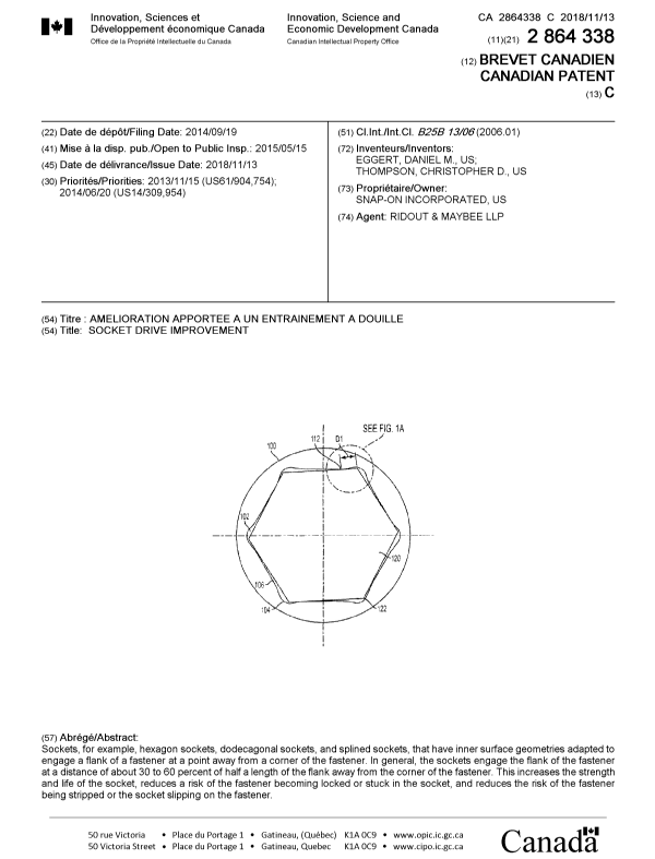 Canadian Patent Document 2864338. Cover Page 20181015. Image 1 of 1