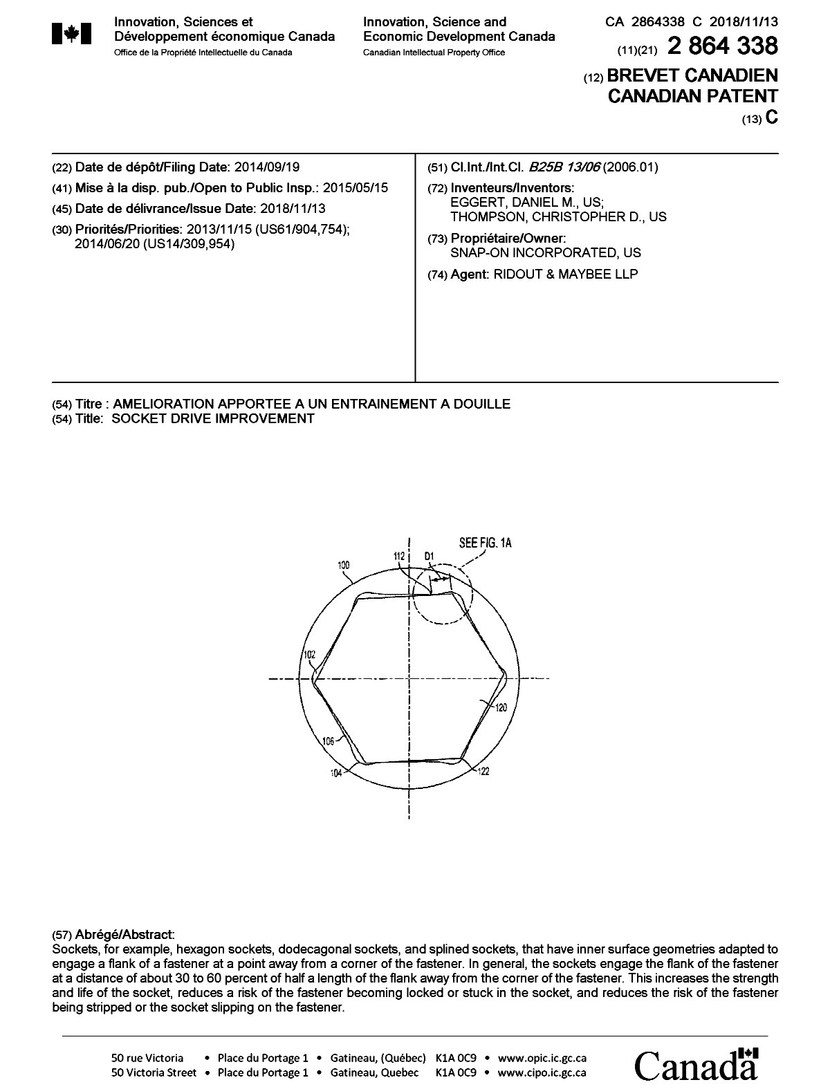 Canadian Patent Document 2864338. Cover Page 20181015. Image 1 of 1