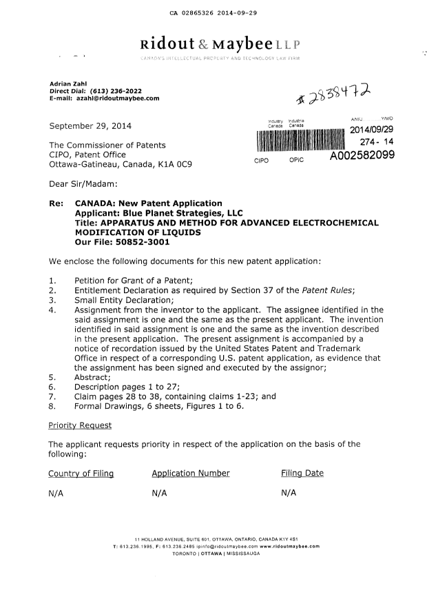 Canadian Patent Document 2865326. Assignment 20140929. Image 1 of 9