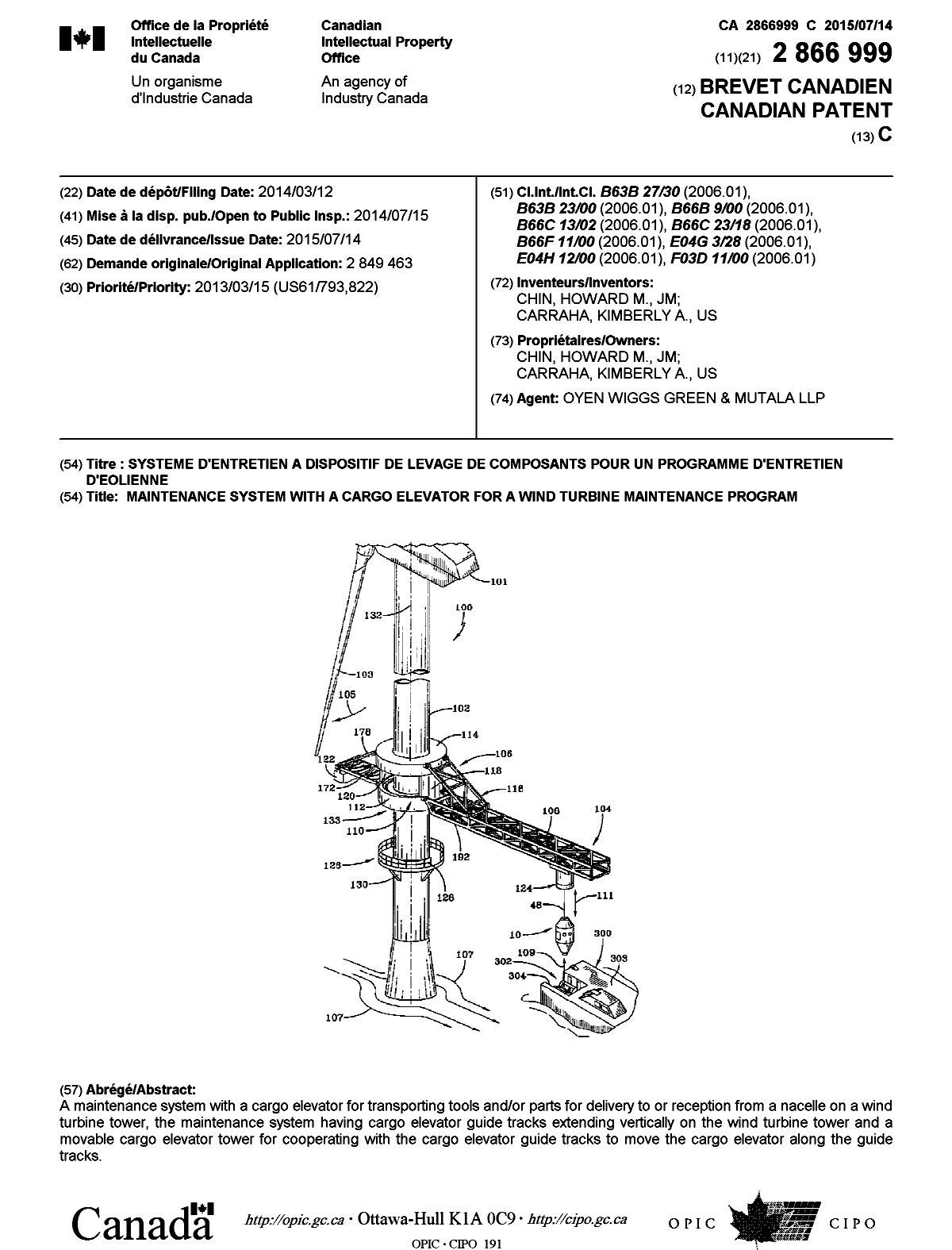 Document de brevet canadien 2866999. Page couverture 20150702. Image 1 de 1