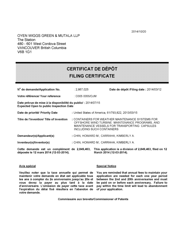 Document de brevet canadien 2867025. Correspondance 20141020. Image 1 de 1