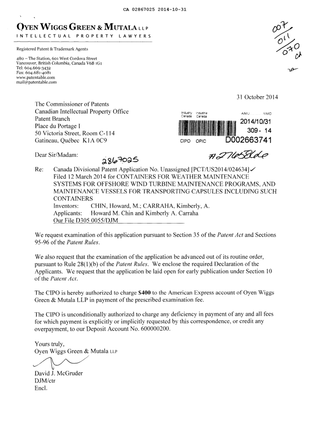 Document de brevet canadien 2867025. Correspondance 20141031. Image 1 de 2
