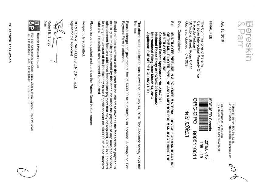 Canadian Patent Document 2867078. Final Fee 20190715. Image 1 of 1