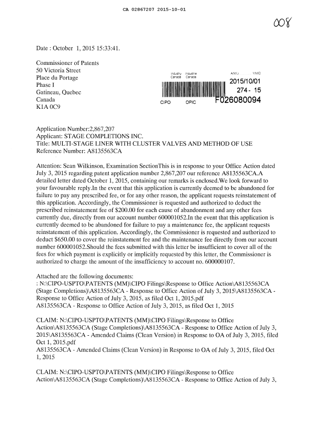 Canadian Patent Document 2867207. Amendment 20151001. Image 1 of 26