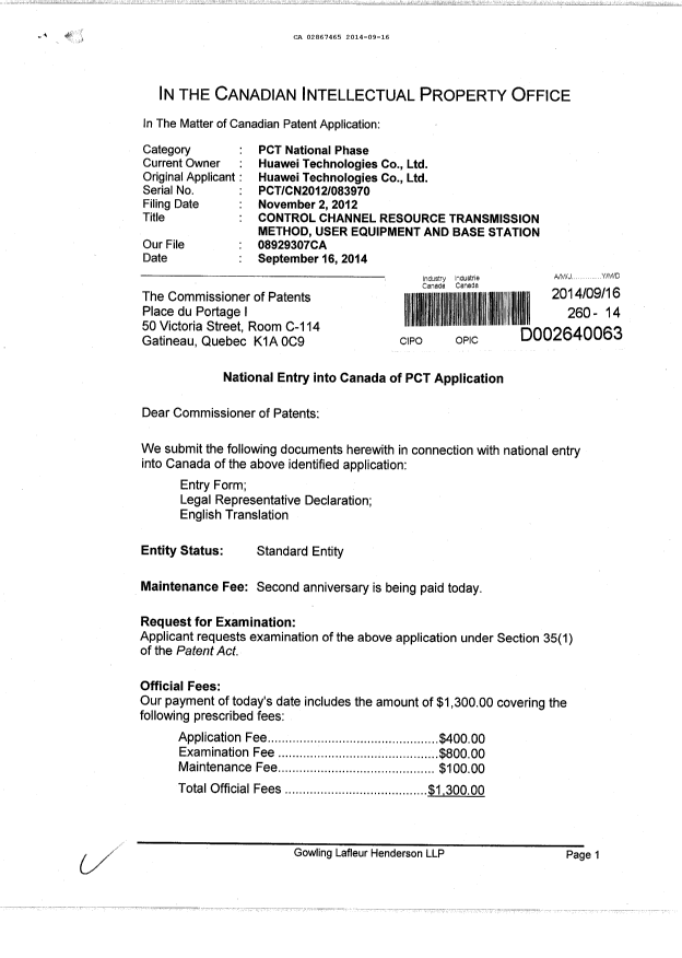 Document de brevet canadien 2867465. Cession 20140916. Image 1 de 5